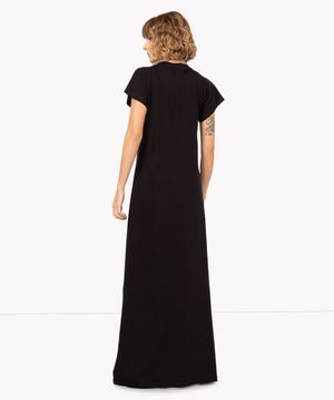 vestido de algodão longo com fenda preto
