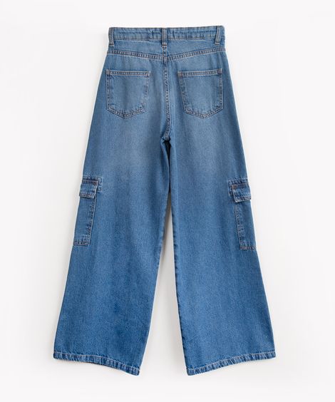 calça jeans juvenil wide leg cargo azul escuro