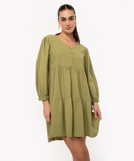 vestido curto texturizado manga longa verde militar
