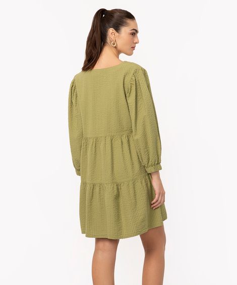 vestido curto texturizado manga longa verde militar