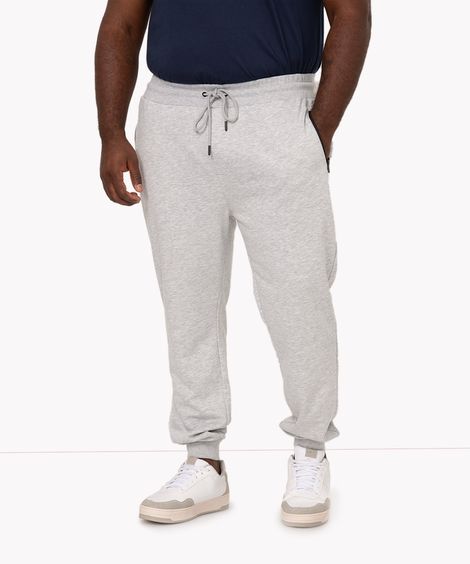 calça de moletom plus size bolso com zíper cinza mescla claro