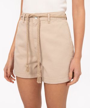 short midi de sarja cintura alta com cordão bege