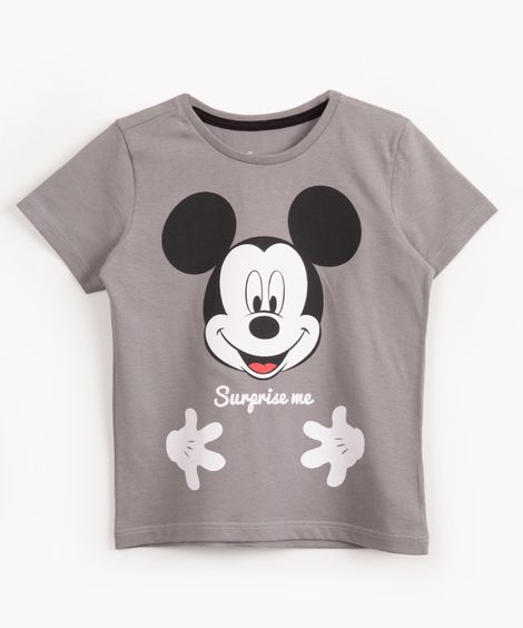 camiseta de algodão infantil mickey manga curta cinza