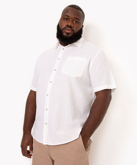 camisa plus size com linho manga curta branco - branco