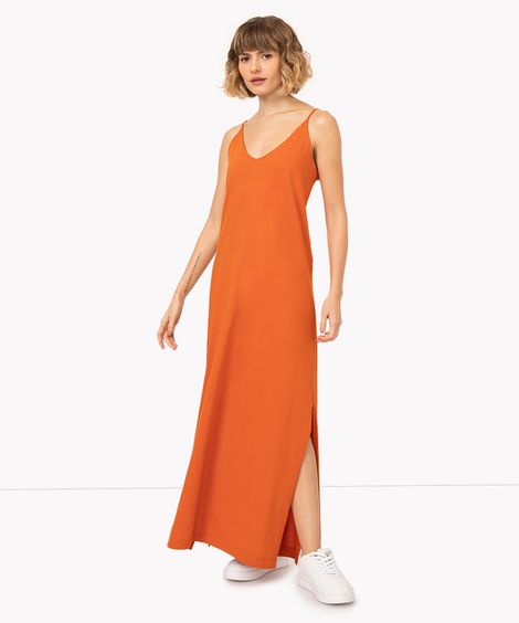 vestido longo evasê de algodão laranja escuro