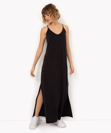 vestido longo evasê de algodão preto