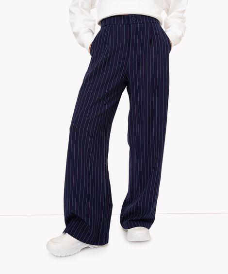 calça wide leg risca de giz azul