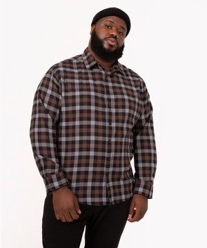 camisa flanelada plus size xadrez manga longa marrom