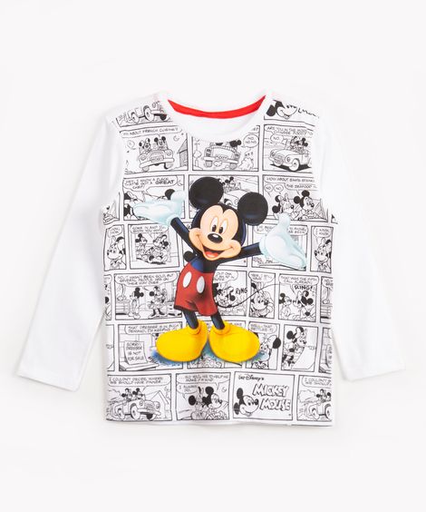 camiseta de algodão infantil mickey manga longa off white