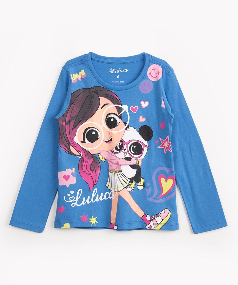 blusa de algodão infantil luluca manga longa azul - C&A