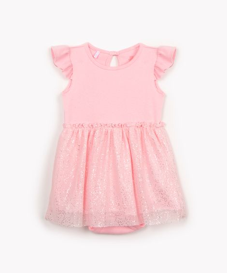 body infantil com saia de tule brilho  rosa