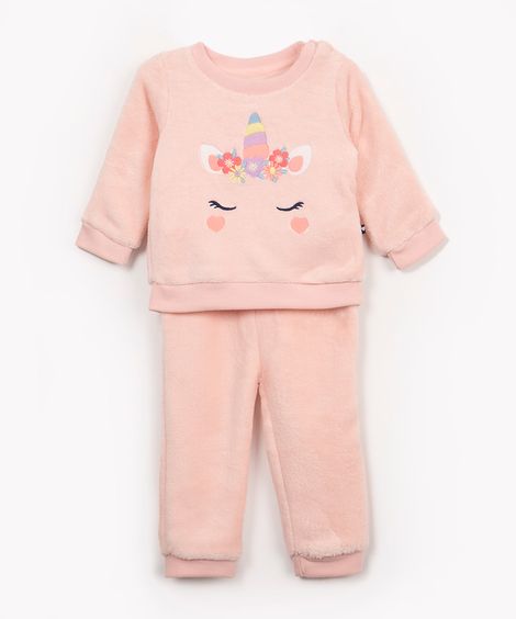 conjunto infantil unicórnio manga longa rosa rosa médio