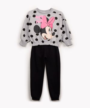 conjunto infantil moletom minnie manga longa cinza