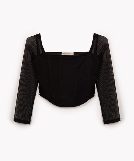 corset juvenil de tule manga longa preto