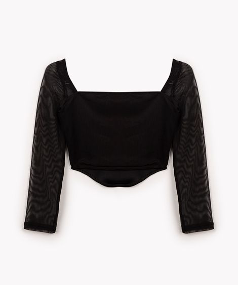 corset juvenil de tule manga longa preto