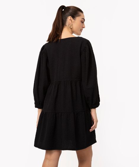 vestido curto texturizado manga longa preto