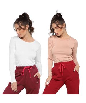 Kit 2 Blusas Rainha Casual Elastic Feminina Rosa e Branco