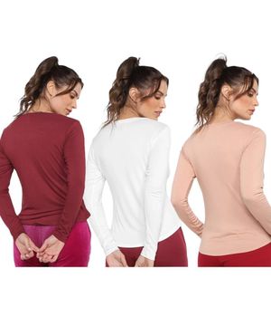 Kit 3 Blusas Rainha Casual Elastic Feminina Vermelho, Rosa e Branco