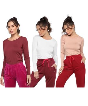 Kit 3 Blusas Rainha Casual Elastic Feminina Vermelho, Rosa e Branco