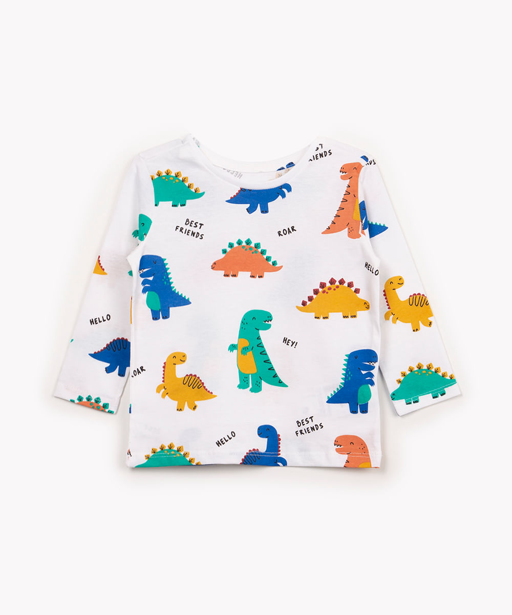 camiseta de algodão infantil dinossauros manga longa off white