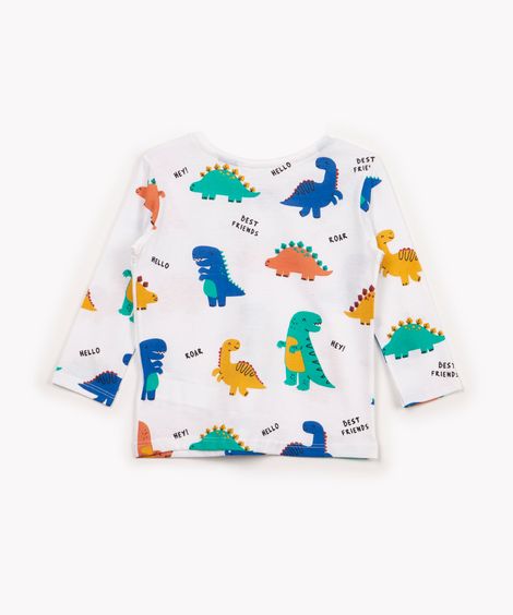 camiseta de algodão infantil dinossauros manga longa off white