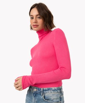 blusa de tricot canelado manga longa gola alta rosa