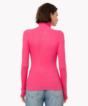 blusa de tricot canelado manga longa gola alta rosa