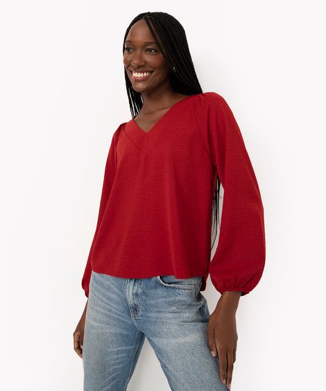 blusa decote v manga raglan vinho