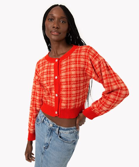 cardigan de tricô xadrez  laranja