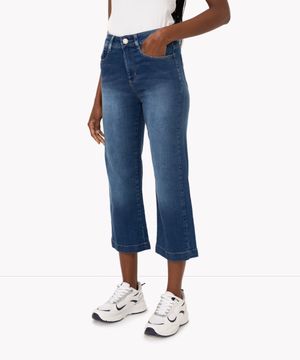 calça wide leg jeans cropped cintura super alta sawary azul escuro