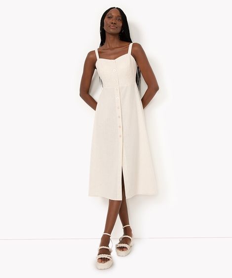 vestido midi de viscose com botões bege