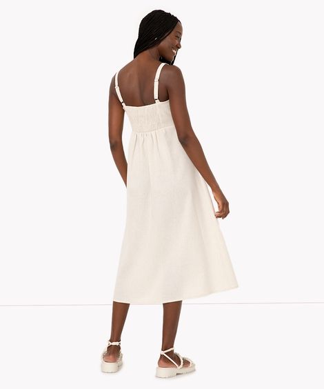 vestido midi de viscose com botões bege