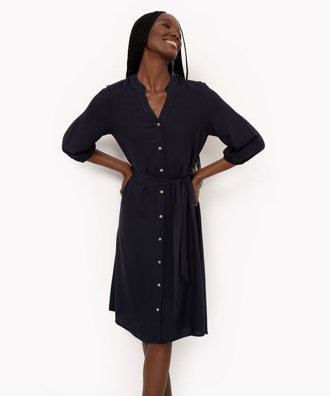 chemise midi de viscose manga curta azul marinho