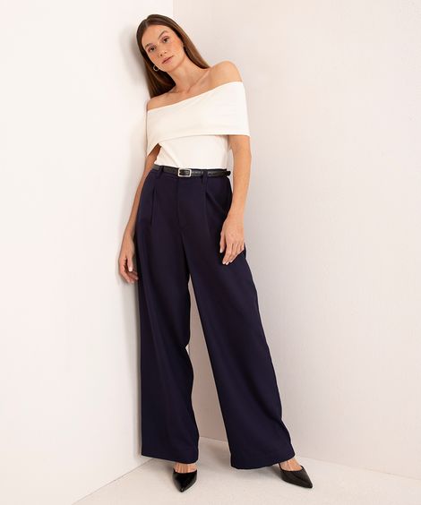 calça alfaiatada cintura alta com cinto mindset azul marinho