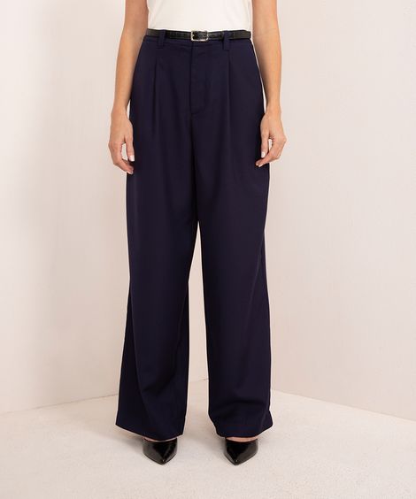 calça alfaiatada cintura alta com cinto mindset azul marinho