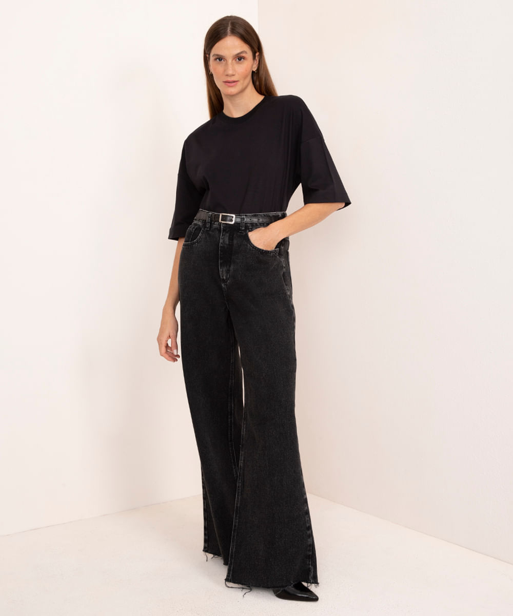 calça jeans wide leg cintura alta mindset preto Menor preço em calça jeans wide leg cintura alta mindset preto