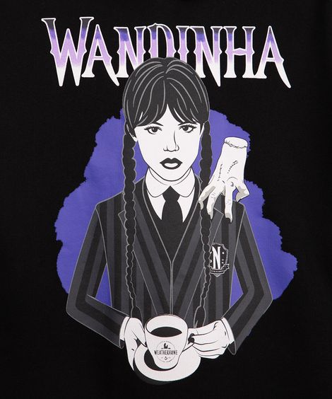 blusa de moletom juvenil wandinha com capuz preto