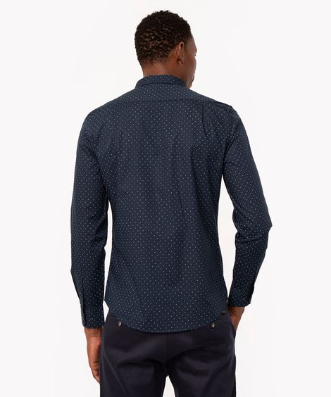 camisa de algodão slim poá manga longa azul marinho