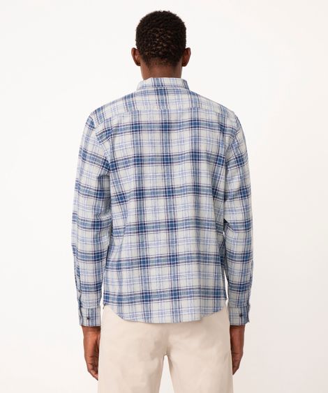 camisa de algodão comfort xadrez manga longa azul claro