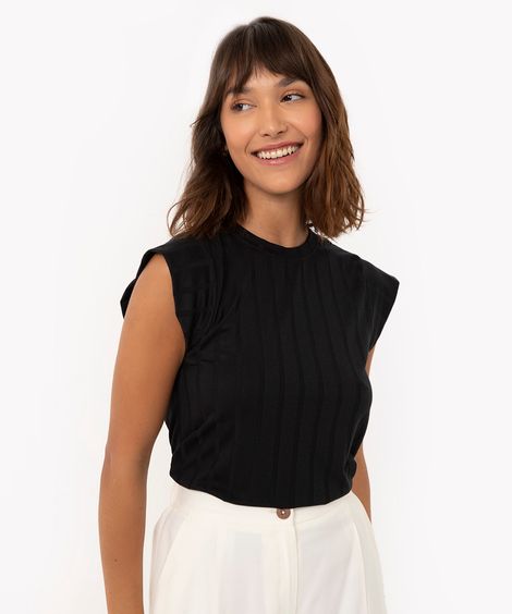 blusa canelada muscle tee decote redondo off white - preto