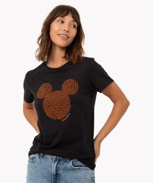 camiseta de algodão mickey animal print manga curta preta