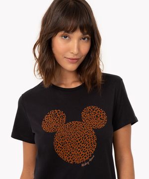 camiseta de algodão mickey animal print manga curta preta