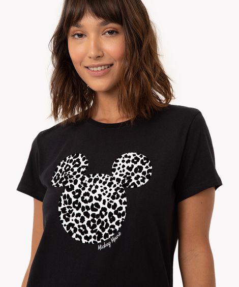camiseta de algodão mickey animal print manga curta preta