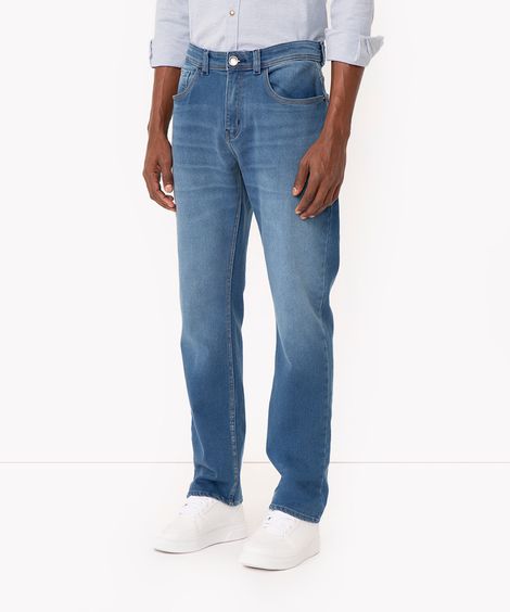 calça jeans reta com bolsos azul médio