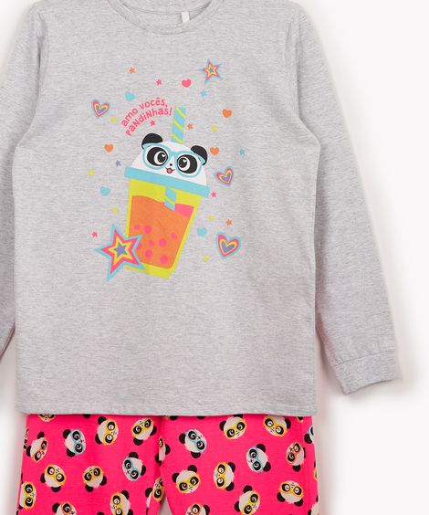 pijama de algodão infantil panda luluca manga longa cinza mescla