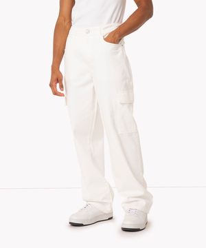 calça de sarja wide leg cargo com bolsos off white