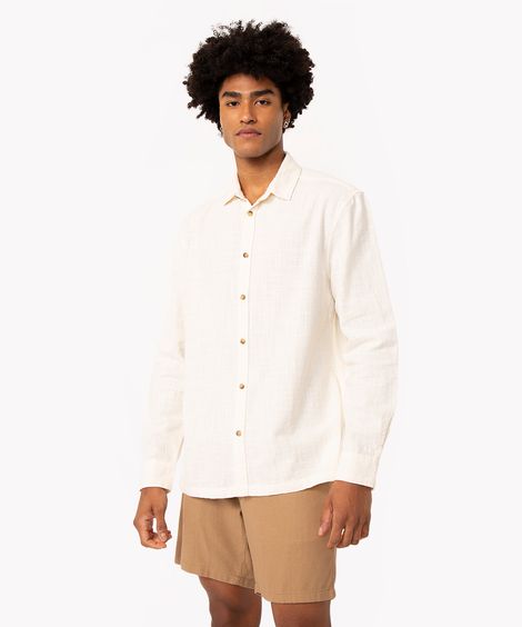 camisa de algodão texturizada manga longa off white