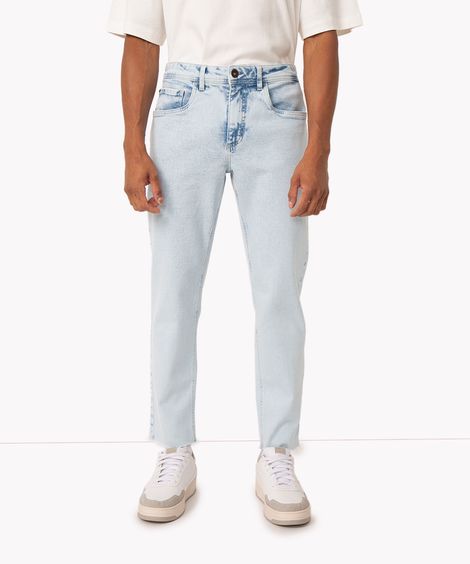 calça reta slim barra desfiada azul claro