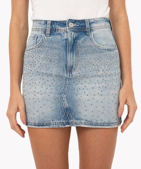 minissaia jeans brilhos cintura super alta azul médio