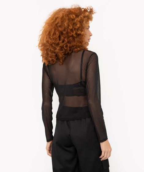 blusa de tule com strass gola alta manga longa preta